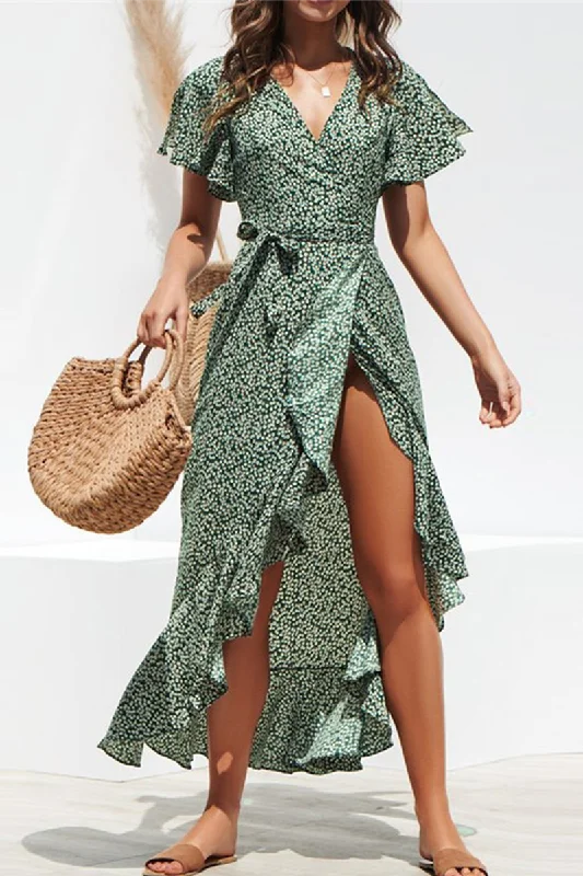 Elegant Print Frenulum Flounce V Neck Irregular Maxi Dresses Elegant Maxi Dress with Drapes Elegant Print Frenulum Flounce V Neck Irregular Maxi Dresses Elegant Maxi Dress with Drapes