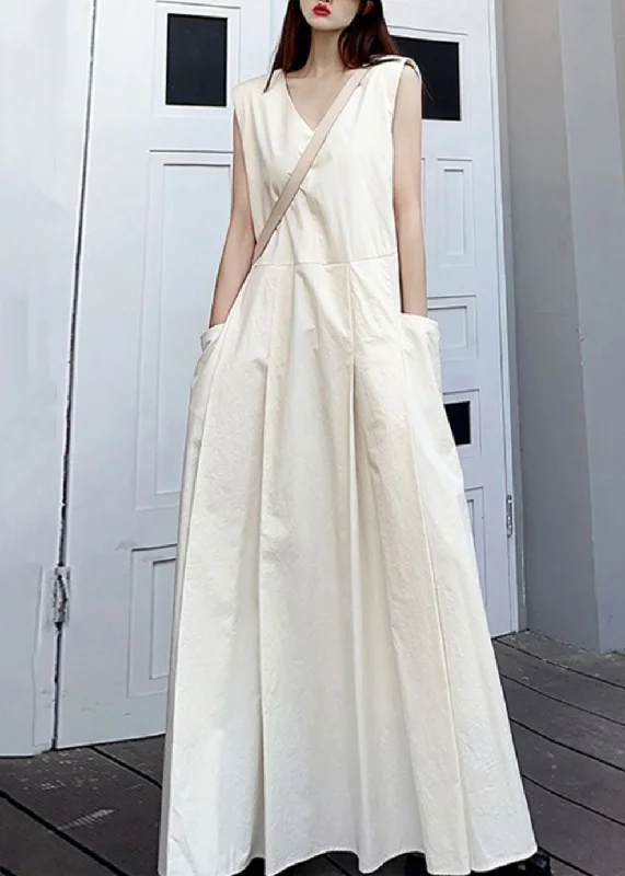 Elegant White V Neck Pockets Patchwork Cotton Maxi Dresses Sleeveless Trendy Maxi Dress with Lace Elegant White V Neck Pockets Patchwork Cotton Maxi Dresses Sleeveless Trendy Maxi Dress with Lace