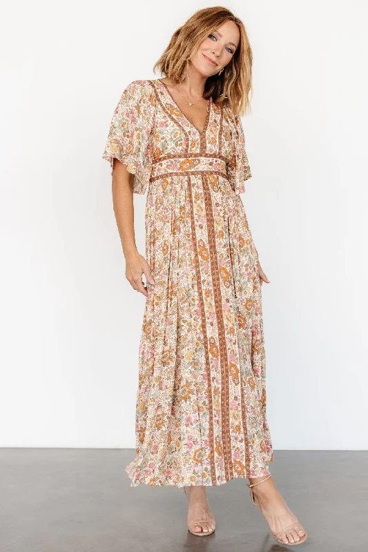 Elissa Maxi Dress | Vintage Cream Floral Stylish V-Neck Maxi Dress