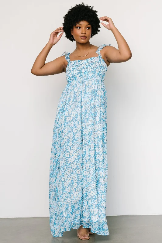 Evanthe Maxi Dress | Blue + White Floral Stylish Off-Shoulder Maxi Dress
