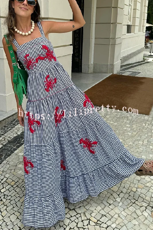 Funny Summer Plaid Lobster Print Square Neck Layered Maxi Dress Comfortable Maxi Dress with Belt Funny Summer Plaid Lobster Print Square Neck Layered Maxi Dress Comfortable Maxi Dress with Belt
