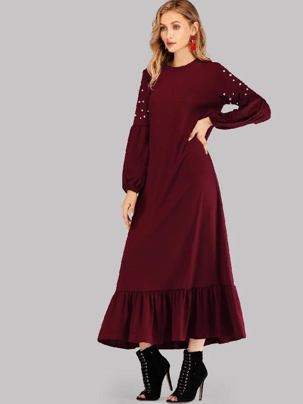 Faux Pearl Beaded Ruffle Hem Maxi Dress Stylish Button-Up Maxi Dress