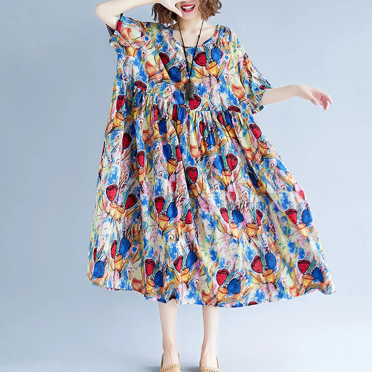 Fine blue linen dresses Loose fitting short sleeve print cotton maxi dress Fine O neck caftans Trendy Button Front Maxi Dress