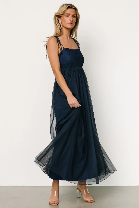 Fiona Tulle Maxi Dress | Midnight Blue Stylish One-Shoulder Maxi Dress