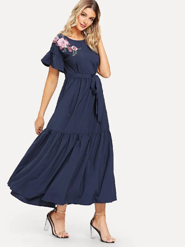 Floral Embroidered Self Belted Tiered Maxi Dress Trendy Maxi Dress with Lace