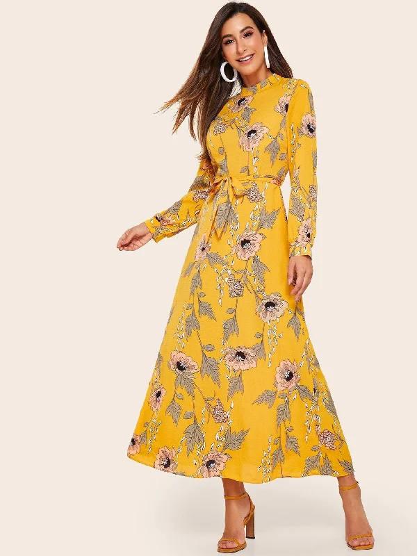 Floral Print Belted Chiffon Maxi Dress Elegant Velvet Maxi Dress