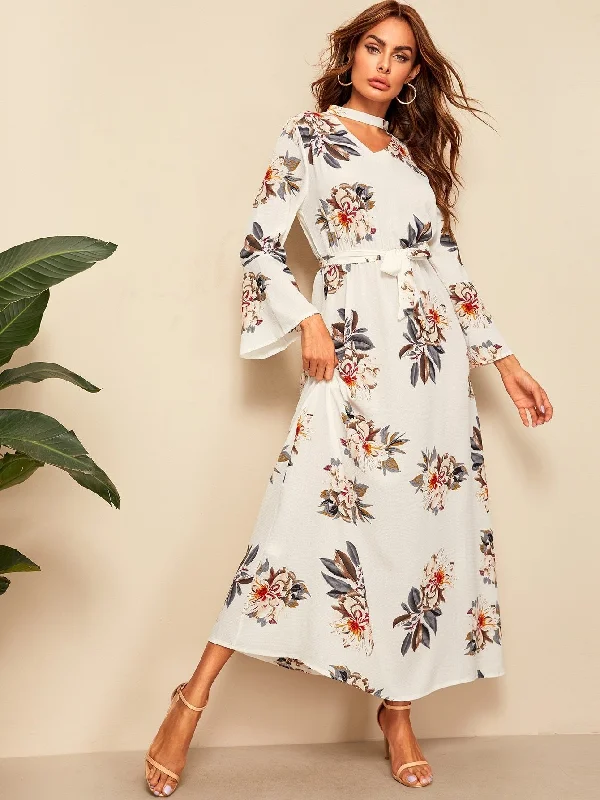 Floral Print Flounce Sleeve Belted Maxi Dress Comfortable Maxi Dress with Belt
