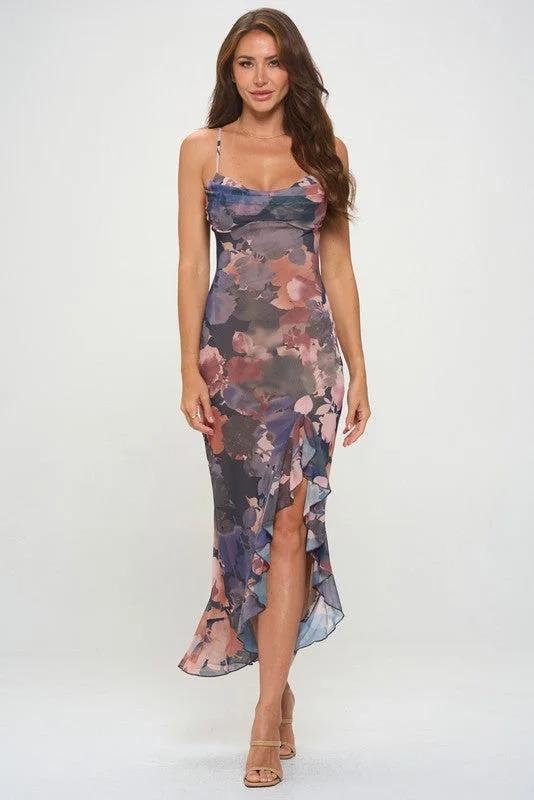 Floral Ruffle Slit Maxi Dress Fashionable High-Low Maxi Dress