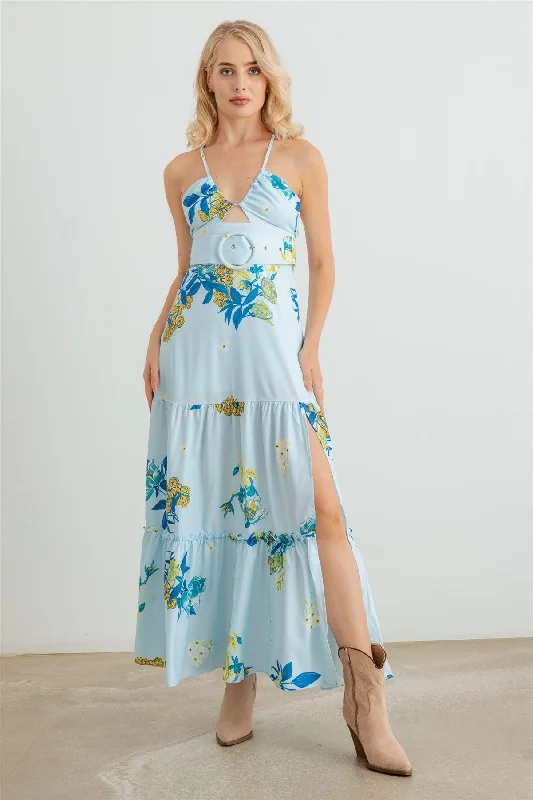 Floral Halter Neck Belted Flare Hem Maxi Dress Elegant Maxi Dress with Pockets