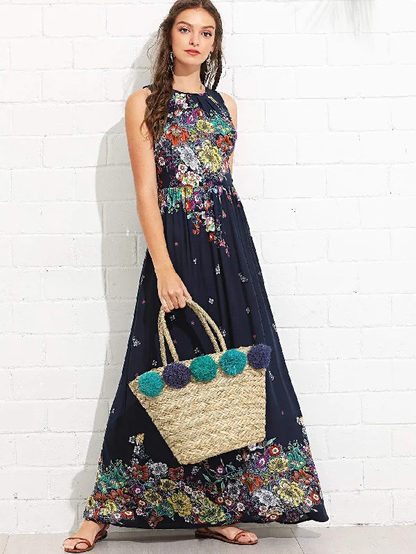 Flounce Detail Tie Back Floral Maxi Dress Fashionable Open-Back Maxi Dress