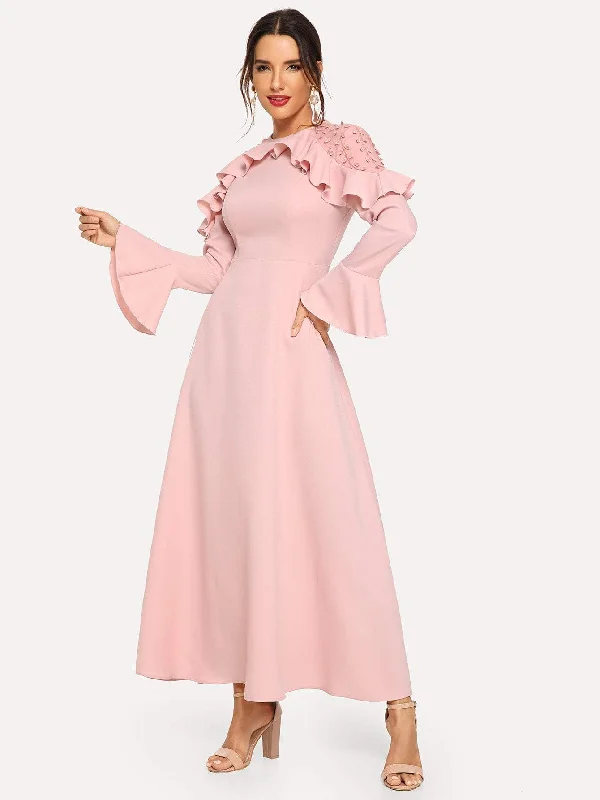 Flounce Sleeve Ruffle Trim Maxi Dress Comfortable Maxi Dress with Sleeves