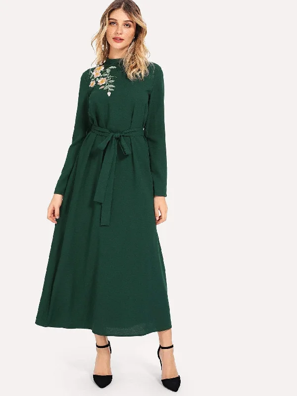 Flower Embroidered Mock Neck Belted Maxi Dress Fashionable Chiffon Maxi Dress