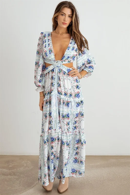 Floral Ruffle Criss-Cross Waist O-Ring  Maxi Dress Cozy Open-Back Maxi Dress