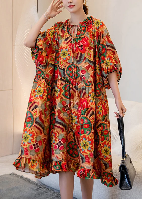 French Orange Print Ruffled Patchwork Maxi Dress Batwing Sleeve Stylish Maxi Dress with Pleats