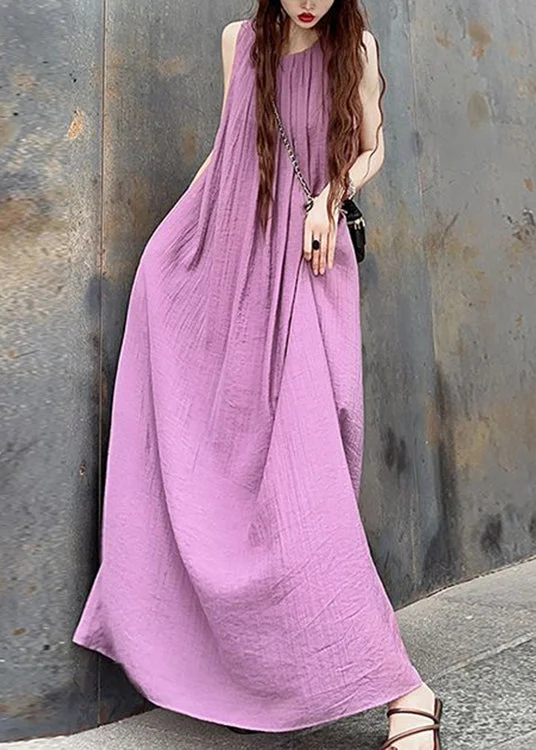 French Purple O Neck Wrinkled Patchwork Cotton Maxi Dresses Sleeveless Stylish Maxi Dress with Frills French Purple O Neck Wrinkled Patchwork Cotton Maxi Dresses Sleeveless Stylish Maxi Dress with Frills