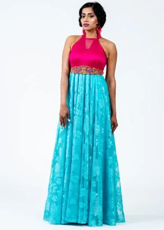 Fuschia Pink Satin & Net Maxi Dress Chic Summer Maxi Dress