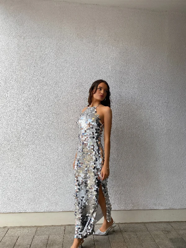 Petite Selena Halterneck Sequin Maxi Dress - Silver Comfortable Cotton Maxi Dress