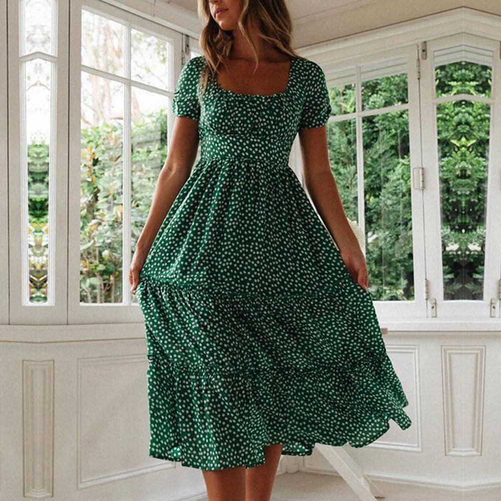 Green Ruffled Short Sleeve Maxi Dress Fashionable Sheer Maxi Dress
