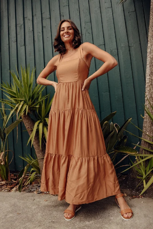 Heart and Soul Caramel Maxi Dress Trendy V-Neck Maxi Dress