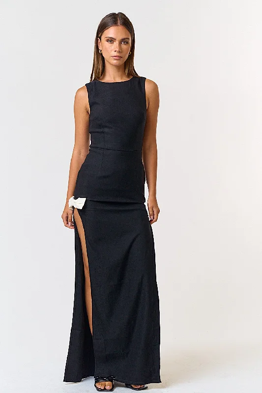 High Slit Side With Bow Detail Maxi Dress Elegant Velvet Maxi Dress