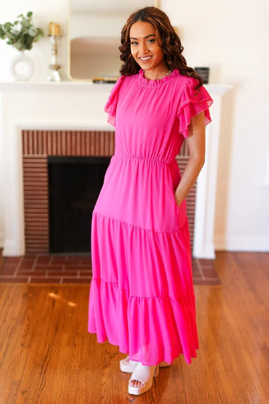 Perfectly You Hot Pink Mock Neck Tiered Chiffon Maxi Dress (Open Pack) Stylish Maxi Dress with Pleats