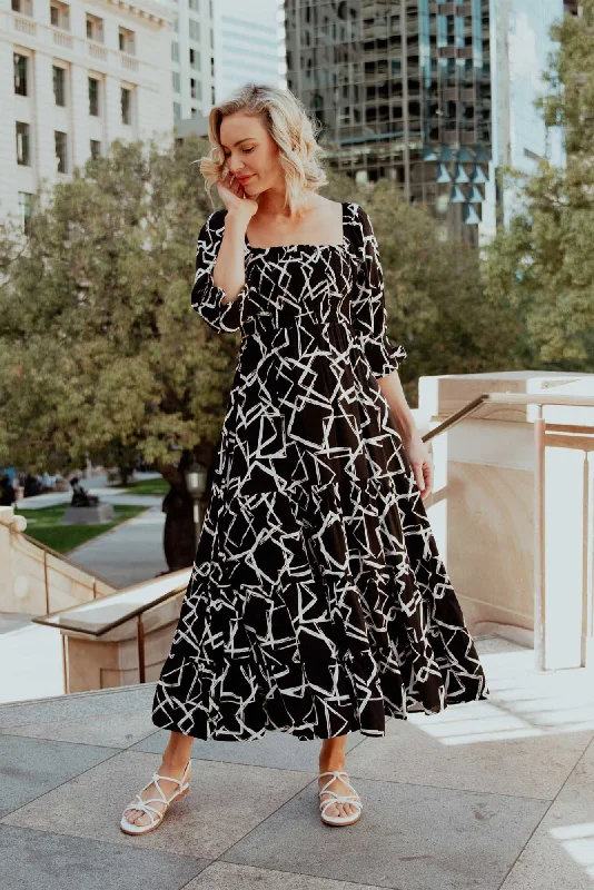Jonathan Black Geo Shirred Maxi Dress Stylish Button-Up Maxi Dress