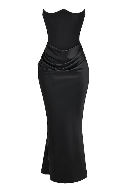 A&A Luxe Elegant Satin Strapless Draped Corset Maxi Dress Fashionable Button-Down Maxi Dress