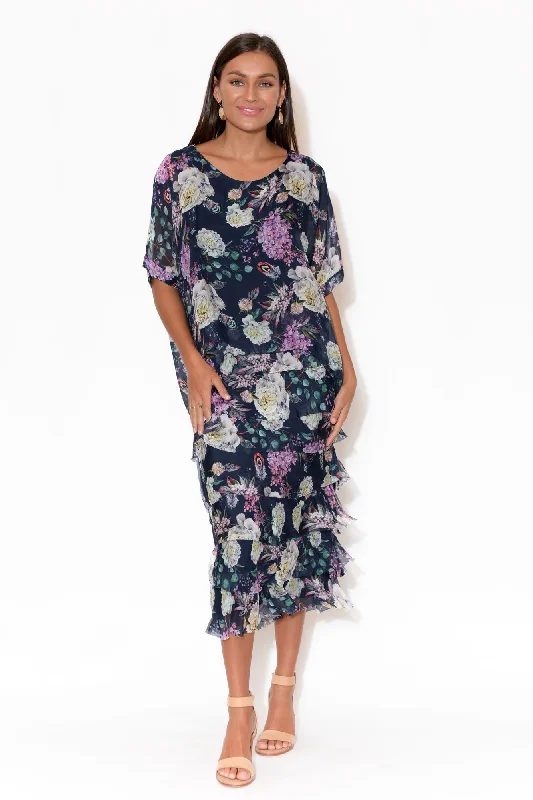 Katerina Navy Floral Silk Overlay Maxi Dress Elegant Maxi Dress with Lace