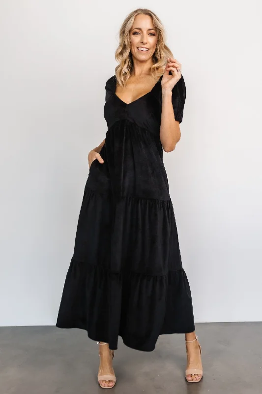 Kenli Velvet Maxi Dress | Black Trendy Floral Print Maxi Dress