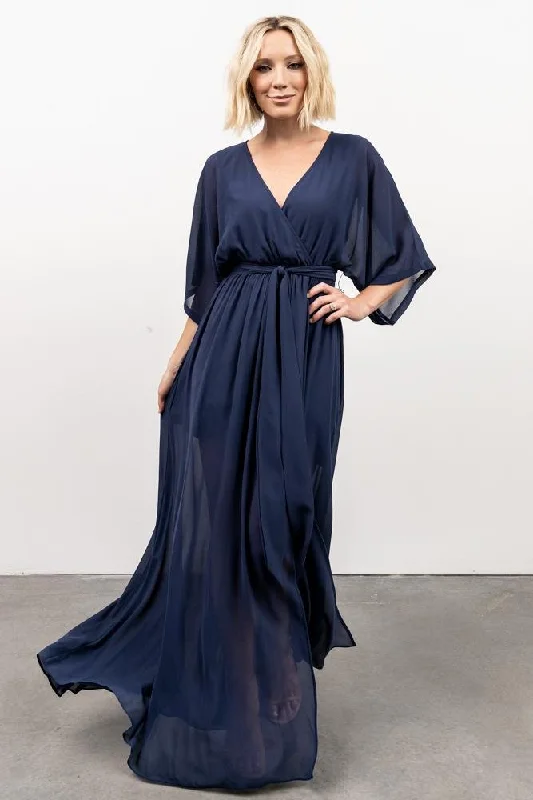 Kia Kimono Maxi Dress | Navy Trendy Off-Shoulder Ruffle Maxi Dress