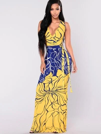 Yello/Blue Women's Maxi Dress Fashionable Open-Back Maxi Dress