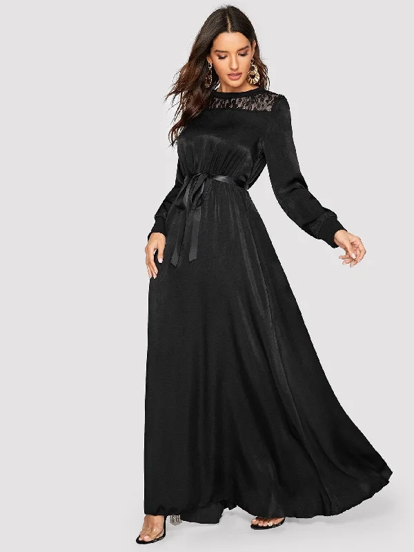 Lace Yoke Ribbon Tie Satin Maxi Dress Cozy Cold-Shoulder Maxi Dress