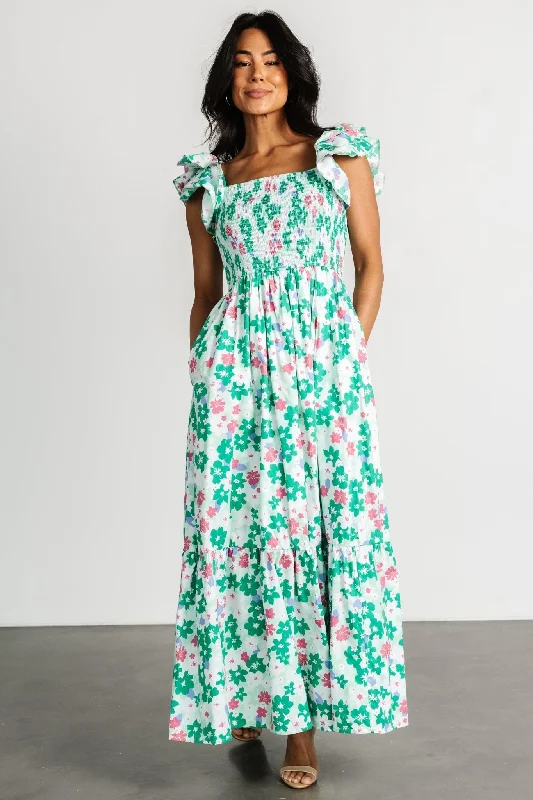 Laguna Smocked Maxi Dress | Green Floral Trendy A-Line Maxi Dress