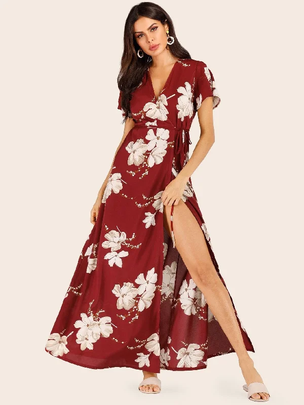 Large Floral Wrap Maxi Dress Casual Maxi Dress with Pockets