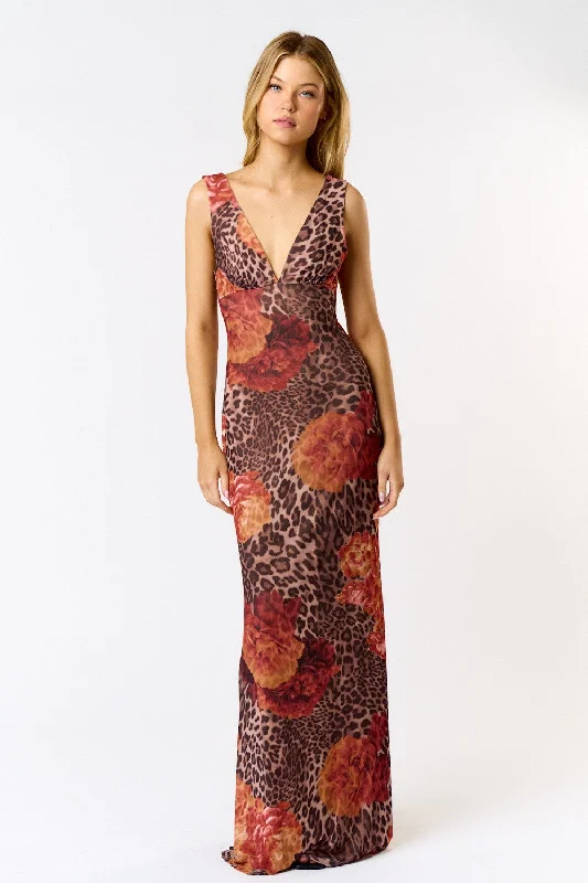 Leopard Print Mesh Maxi Dress Stylish One-Shoulder Maxi Dress