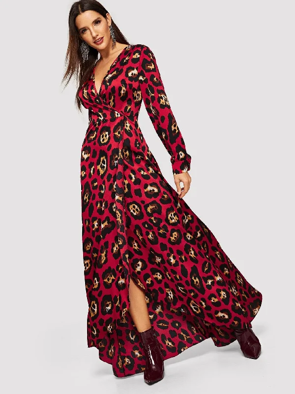 Leopard Print Wrap Maxi Dress Elegant Tiered Maxi Dress