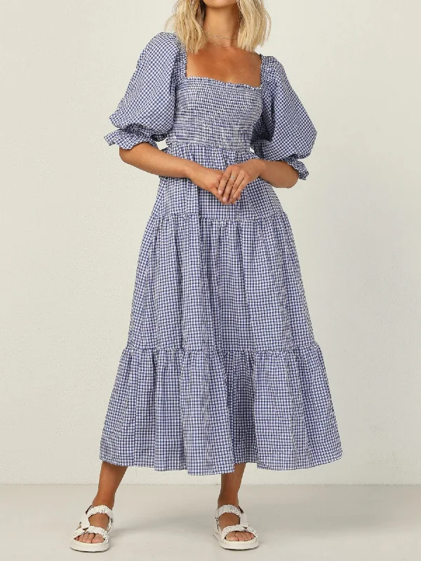 'Lorraine' Square-neck Gingham Maxi Dress Trendy Fit-and-Flare Maxi Dress