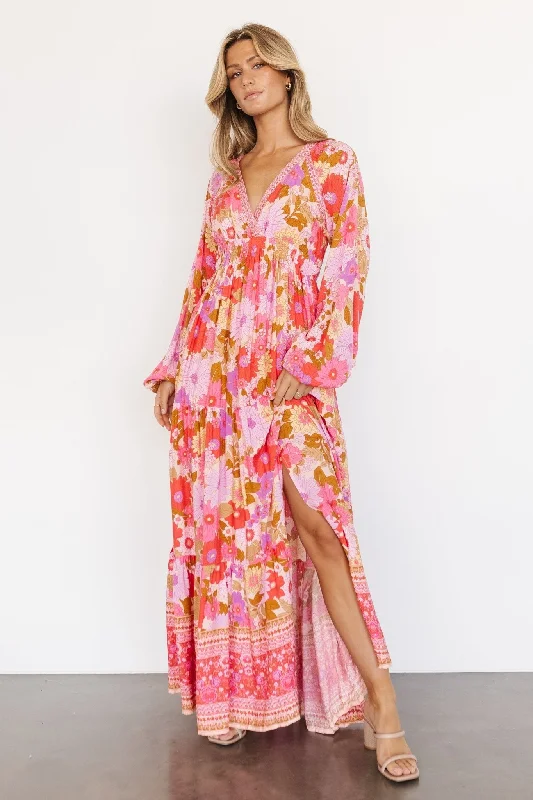 Malena Maxi Dress | Pink Multi Comfortable Pleated Maxi Dress