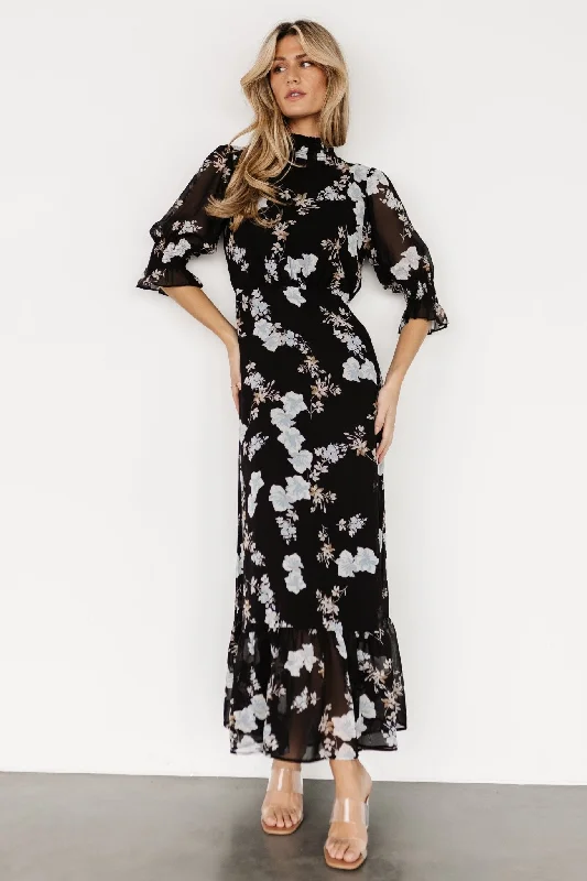 Marie Mock Neck Maxi Dress | Black Floral Elegant Maxi Dress with Belt