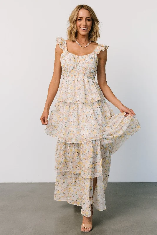 Marigold Tiered Maxi Dress | Yellow Floral Fashionable Open-Back Maxi Dress