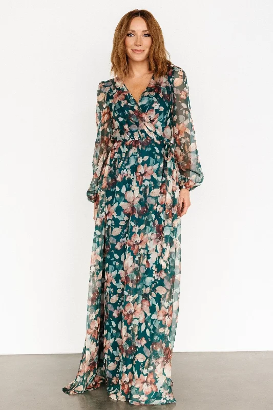 Maura Wrap Maxi Dress | Emerald Floral Elegant Velvet Maxi Dress