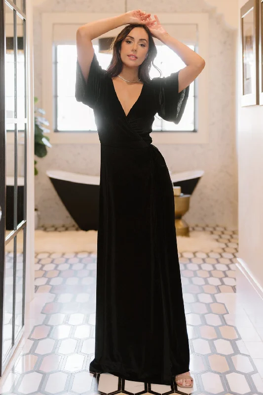 Meghan Velvet Wrap Maxi Dress | Black Chic Button-Up Maxi Dress