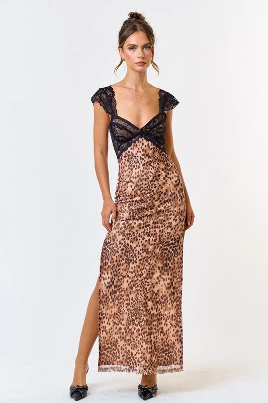 Mesh Leopard Lace Side Slit Maxi Dress Comfortable Pleated Maxi Dress