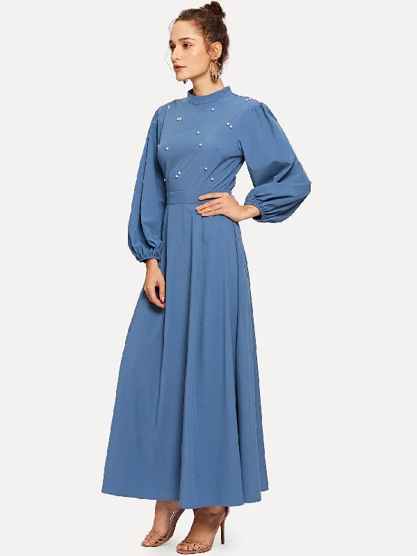 Mock Neck Pearl Embellished Open Back Maxi Dress Fashionable Off-Shoulder Maxi Dress