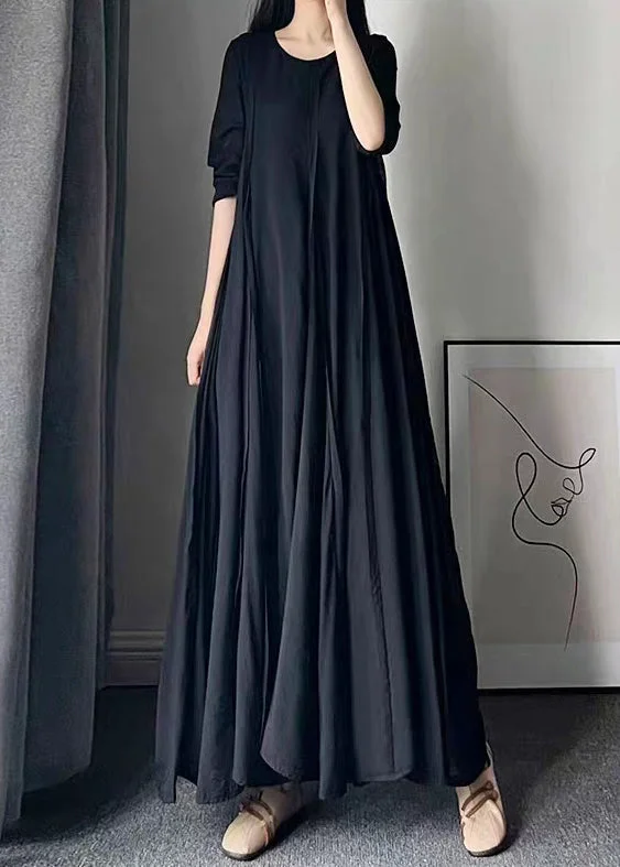 Modern Black O Neck Wrinkled Patchwork Cotton Maxi Dresses Fall Cozy Maxi Dress with Slit Modern Black O Neck Wrinkled Patchwork Cotton Maxi Dresses Fall Cozy Maxi Dress with Slit
