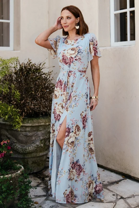 Naomi Short Sleeve Maxi Dress | Blue Multi Floral Cozy Ruffle Sleeve Maxi Dress