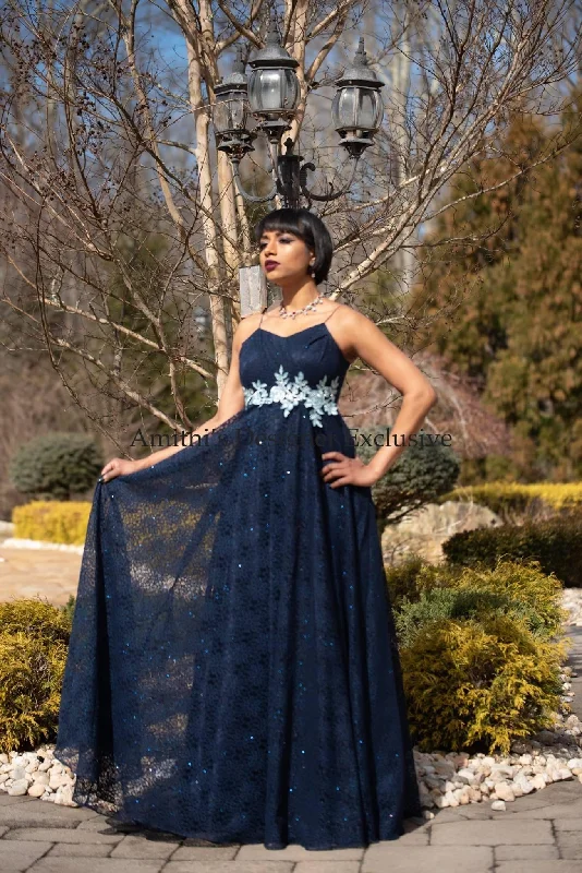 Navy Blue Shimmer Net Maxi Dress Trendy Maxi Dress with Bow