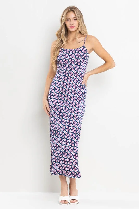 NAVY GEOMETRIC PRINT SIDE SLIT MAXI DRESS DY51116 Trendy Fit-and-Flare Maxi Dress
