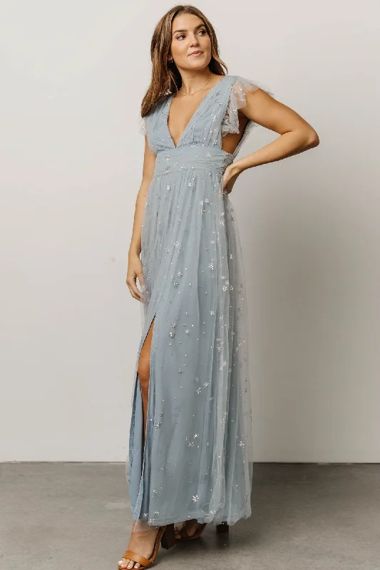 Nova Shimmer Maxi Dress | Dusty Blue + Silver Chic Boho Print Maxi Dress