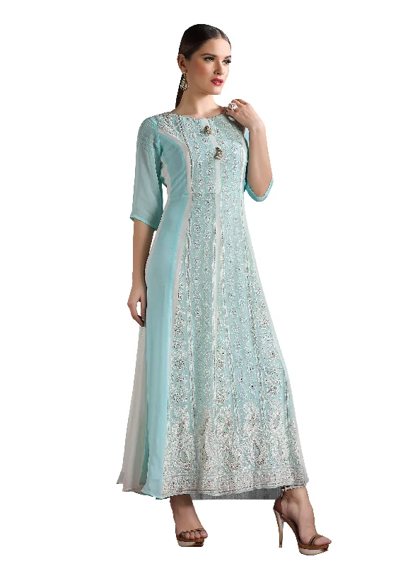 Ocean Blue Chikankari Embroidered Long Maxi Dress Trendy Ruffled Maxi Dress